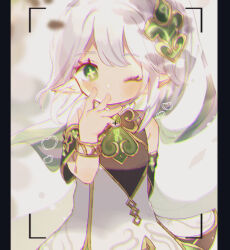 Rule 34 | blurry, blurry background, commentary request, cross-shaped pupils, detached sleeves, dress, eyelashes, genshin impact, green eyes, hand on own face, heart, kakiringo, letterboxed, medium hair, nahida (genshin impact), one eye closed, pointy ears, sleeveless, sleeveless dress, symbol-shaped pupils, white hair