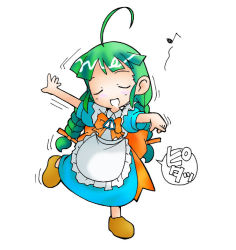 Rule 34 | 1girl, :d, ^ ^, ahoge, apron, blush, bow, bowtie, braid, closed eyes, dancing, full body, green hair, hoge (hogepp), leg up, me-tan, musical note, open mouth, os-tan, quaver, red bow, shoes, short sleeves, sign, simple background, smile, solo, speech bubble, teeth, twin braids, warning sign, white background