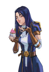 Rule 34 | 1girl, absurdres, arcane caitlyn, belt, blue hair, blue jacket, breasts, brown belt, brown gloves, caitlyn (league of legends), closed eyes, closed mouth, cupcake, detached sleeves, eating, fingerless gloves, food, gloves, highres, holding, holding food, jacket, large breasts, league of legends, long hair, no headwear, qi mang (qimang), short sleeves, simple background, solo, upper body, white background