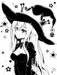 Rule 34 | 1girl, breasts, cleavage, closed mouth, greyscale, hat, highres, kitou kaitai, large breasts, long hair, looking at viewer, monochrome, original, pointy ears, smile, solo, star (symbol), upper body