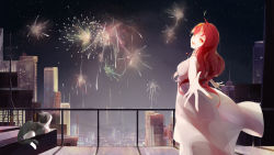Rule 34 | 1girl, absurdres, blush, cat, city, city lights, dress, fireworks, highres, jewelry, leaf, long hair, looking at viewer, maple leaf, necklace, night, open mouth, original, railing, red hair, scenery, shadow, sky, smile, solo, standing, vessalius l, white dress