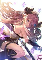 Rule 34 | 1girl, absurdres, artist name, bare shoulders, belt, blue eyes, boots, braid, breasts, commentary request, draph, fingerless gloves, gloves, granblue fantasy, hair ornament, hair over one eye, highres, horns, katana, knee boots, large breasts, long hair, looking at viewer, mohurine cute, narmaya (granblue fantasy), parted lips, pink hair, pointy ears, signature, simple background, sleeveless, solo, sword, thigh strap, weapon