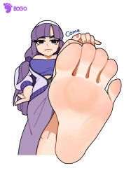 Rule 34 | 1girl, barefoot, bogo, feet, female focus, foot focus, from below, hand on own hip, highres, long hair, looking at viewer, pov, purple hair, soles, solo, standing, standing on one leg, toes