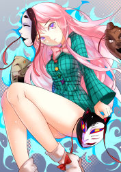 Rule 34 | 1girl, ankle boots, aura, bare legs, boots, breasts, expressionless, fox mask, gradient background, hata no kokoro, head tilt, highres, legs folded, long hair, long sleeves, looking at viewer, mask, no pants, noh mask, panties, pink eyes, pink hair, pink panties, plaid, plaid shirt, polka dot, polka dot background, shirt, solo, sunege (hp0715), tengu mask, touhou, underwear, white panties