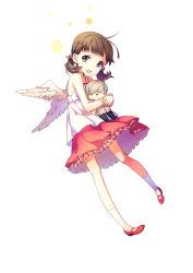 Rule 34 | 1girl, :d, angel wings, atlus, brown eyes, brown hair, character doll, hugging doll, doujima nanako, h2so4, hair ribbon, low twintails, mary janes, narukami yuu, hugging object, open mouth, persona, persona 4, ribbon, shoes, short hair, short twintails, smile, socks, solo, twintails, wings