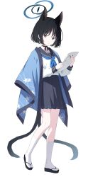 Rule 34 | 1girl, :o, absurdres, animal ears, black choker, black footwear, black hair, black nails, black sailor collar, black skirt, blue archive, blue neckerchief, brown eyes, cat ears, cat girl, cat tail, choker, commentary request, forked tail, full body, highres, holding, jyt, kikyou (blue archive), long sleeves, looking at viewer, nail polish, neckerchief, parted bangs, parted lips, pleated skirt, puffy long sleeves, puffy sleeves, romaji commentary, sailor collar, sandals, school uniform, serafuku, shirt, short hair, simple background, skirt, socks, solo, tail, walking, white background, white shirt, white socks, zouri