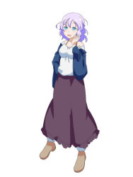 Rule 34 | 1girl, alternate costume, arm behind back, arm up, blue eyes, boots, bra strap, breasts, brown footwear, cato (monocatienus), commentary request, contemporary, full body, fur-trimmed boots, fur trim, hand in own hair, haori, japanese clothes, letty whiterock, light purple hair, long skirt, looking at viewer, medium breasts, off-shoulder shirt, off shoulder, open mouth, purple skirt, shirt, short hair, simple background, skirt, solo, standing, touhou, white background, white shirt