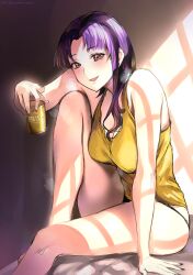 Rule 34 | 1girl, absurdres, alcohol, artist name, ass, azumane kanna, barefoot, beer can, blush, breasts, breasts squeezed together, brown eyes, can, day, drink can, fingernails, highres, katsuragi misato, large breasts, looking at viewer, micro panties, neon genesis evangelion, panties, panty straps, purple hair, shirt, sitting, smile, solo, steaming body, tank top, towel, twitter username, underwear, wide hips, yellow shirt