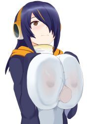 Rule 34 | 10s, 1girl, blush, breast press, breasts, brown eyes, emperor penguin (kemono friends), flat expression, hair over one eye, headphones, highres, hood, hoodie, huge breasts, kemono friends, long hair, long sleeves, naozuri, paizuri, paizuri under clothes, penis, purple hair, simple background, solo focus, uncensored, upper body, white background