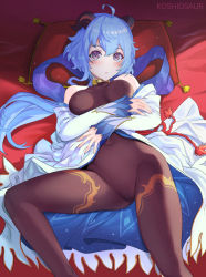 Rule 34 | 1girl, ahoge, bad id, bad pixiv id, bare shoulders, bed sheet, blue hair, blush, bodystocking, breasts, covered navel, detached sleeves, ganyu (genshin impact), genshin impact, horns, koshio, long hair, long sleeves, looking at viewer, lying, medium breasts, no gloves, on back, on bed, parted lips, pillow, purple eyes, solo, spread legs, tassel, very long hair