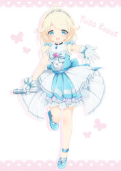 Rule 34 | 1girl, absurdres, ahoge, back bow, blonde hair, blue bow, blue bowtie, blue dress, blue footwear, blush, bow, bowtie, buttons, character name, commentary, dress, full body, gloves, green eyes, grey hairband, hairband, hand up, highres, holding, holding microphone, hosizora mikoto, idolmaster, idolmaster cinderella girls, idolmaster cinderella girls u149, layered dress, looking at viewer, low twintails, medium hair, microphone, open mouth, pink background, see-through, sleeveless, sleeveless dress, smile, solo, standing, standing on one leg, twintails, white gloves, yusa kozue