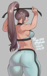 Rule 34 | 1girl, agawa ryou, arms up, ass, backless shirt, bare shoulders, blue eyes, breasts, brown hair, commentary, curvy, dated, english commentary, from behind, hair tie, halterneck, high ponytail, large breasts, long hair, looking at viewer, original, pants, signature, simple background, smile, solo, sports bra, thick thighs, thighs, yoga pants