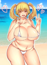 Rule 34 | 1girl, blonde hair, blush, breasts, brown eyes, cleavage, covered erect nipples, headphones, huge breasts, looking at viewer, micro bikini, navel, nitroplus, open mouth, plump, solo, standing, super pochaco, swimsuit, thick thighs, twintails, v