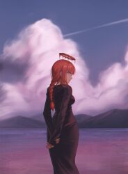 1girl black_dress blood blood_halo blue_sky chainsaw_man cloud cloudy_sky dress evening from_behind halo highres lake liquid_halo long_braid long_sleeves looking_back makima_(chainsaw_man) oh_kyoung_hwan outdoors red_hair red_halo sky solo water yellow_eyes