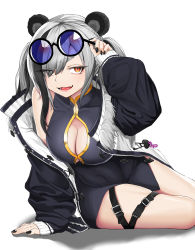 Rule 34 | 1girl, absurdres, animal ears, arknights, black nails, breasts, china dress, chinese clothes, cleavage cutout, clothing cutout, covered navel, dress, eyewear on head, feater (arknights), grey hair, hair over one eye, highres, jacket, large breasts, nail polish, panda ears, red eyes, simple background, slit pupils, sunglasses, takariyo, thigh strap, twintails, white background