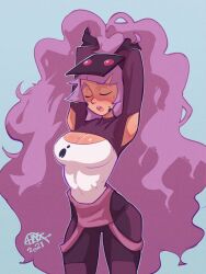 Rule 34 | 1girl, armpit cutout, arms behind head, blue background, blue outline, blunt bangs, blush, breasts, cleavage, closed eyes, clothing cutout, covered navel, cowboy shot, dated, entrapta, hagfish, highres, large breasts, long hair, outline, purple hair, shadow, she-ra and the princesses of power, simple background, solo, very long hair