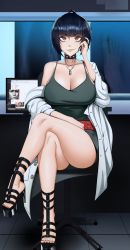Rule 34 | 1girl, absurdres, alternate breast size, black hair, blunt bangs, breasts, chair, cleavage, collar, crossed legs, dress, feet, green dress, hand on own leg, highres, huge breasts, indoors, jewelry, kevbot, lab coat, monitor, necklace, office chair, persona, persona 5, platform footwear, platform heels, shoes, short dress, short hair, sitting, solo, studded choker, studded collar, swivel chair, tablet pc, takemi tae, thighs, toeless footwear, x-ray, x-ray film