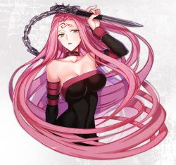 Rule 34 | 1girl, bare shoulders, chain, collar, collarbone, detached sleeves, dress, fate/stay night, fate (series), long hair, looking at viewer, medusa (fate), medusa (rider) (fate), nameless dagger (fate), purple eyes, purple hair, solo, spikes, square pupils, strapless, strapless dress, upper body, very long hair, ycco (estrella)