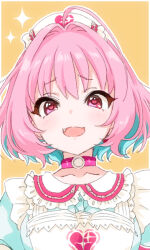 Rule 34 | 1girl, blue eyes, breasts, choker, colored inner hair, commentary request, fang, hat, heart, idolmaster, idolmaster cinderella girls, medium breasts, misa (mikarin), multicolored hair, nurse cap, open mouth, pink choker, pink eyes, pink hair, smile, solo, sparkle, two-tone hair, yellow background, yumemi riamu