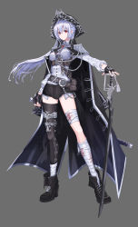 Rule 34 | 1girl, absurdres, bandaged leg, bandages, belt, black cape, black gloves, black hat, black shorts, black thighhighs, breasts, brown belt, cape, commentary request, fingerless gloves, gloves, grey background, hat, highres, holding, holding sword, holding weapon, jacket, kantai collection, long hair, long sleeves, medium breasts, mute fanta855, pirate, red eyes, short shorts, shorts, simple background, solo, sword, thighhighs, weapon, white hair