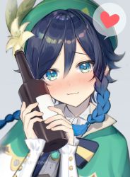 Rule 34 | 1boy, :3, absurdres, alcohol, blue eyes, blue hair, blush, bottle, bow, bowtie, braid, capelet, champagne bottle, drink, flower, genshin impact, green capelet, green headwear, happy, hat, hat flower, heart, highres, holding, holding bottle, long sleeves, looking at viewer, smile, susisanta0707, thought bubble, trap, twin braids, venti (genshin impact), wavy mouth