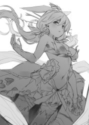 Rule 34 | 10s, 1girl, bra, breasts, floating hair, granblue fantasy, greyscale, hand up, long hair, medium breasts, monochrome, monster girl, navel, parsley-f, parted lips, petals, plant girl, sketch, solo, twintails, underwear, unfinished, yggdrasill (granblue fantasy)