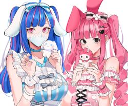 Rule 34 | 2girls, animal ears, bad id, bad twitter id, black eyes, blue choker, blue hair, blunt bangs, braid, choker, cinnamoroll, commentary, commentary request, dress, drill hair, eyelashes, fake animal ears, hair ribbon, holding, horns, joman, korean commentary, long hair, looking at viewer, maid, mask, mouth mask, multiple girls, my melody, one piece, onegai my melody, perona, pink choker, pink dress, pink eyes, ribbon, sanrio, sidelocks, simple background, twintails, ulti (one piece), upper body, white background, white wrist cuffs, wrist cuffs