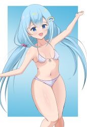 Rule 34 | 1girl, absurdres, amami ami, armpits, belly, blue eyes, blue hair, blush, blush stickers, bra, breasts, commission, hair ornament, highres, knees up, long hair, navel, open mouth, panties, prism project, rainbow, simple background, small breasts, smile, thighs, underwear, underwear only, virtual youtuber