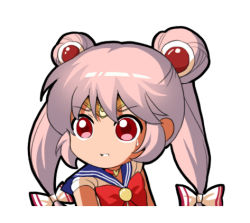 Rule 34 | 1girl, bishoujo senshi sailor moon, blue sailor collar, bow, chibi, chinese commentary, circlet, commentary request, cosplay, derivative work, double bun, fujiwara no mokou, hair bow, hair bun, jokanhiyou, long hair, looking at viewer, lowres, meme, parody, parted lips, pink hair, red bow, red eyes, sailor collar, sailor moon, sailor moon (cosplay), sailor moon redraw challenge (meme), shirt, simple background, solo, sweat, touhou, twintails, white background, white bow, white shirt