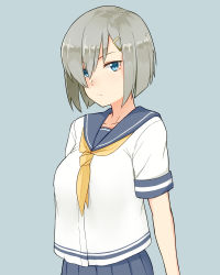 Rule 34 | 1girl, blue background, blue eyes, breasts, grey hair, hair ornament, hair over one eye, hairclip, hamakaze (kancolle), kantai collection, looking at viewer, medium breasts, pleated skirt, school uniform, serafuku, short hair, simple background, skirt, solo, standing, tsurugi (the horizon), white background