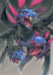 Rule 34 | artist name, beniya 0608, black sclera, black wings, colored sclera, commentary request, creatures (company), dated, fangs, full body, game freak, gen 5 pokemon, gradient background, grey background, highres, hydreigon, looking at viewer, multiple heads, nintendo, no humans, open mouth, pokemon, pokemon (creature), red eyes, signature, simple background, wings