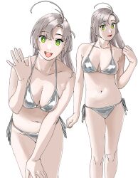 Rule 34 | 1girl, ahoge, alternate costume, bare shoulders, bikini, breasts, cleavage, collarbone, commentary request, cowboy shot, green eyes, highres, kantai collection, kinugasa (kancolle), large breasts, long hair, looking at viewer, multiple views, navel, ojipon, open mouth, pink hair, side-tie bikini bottom, silver bikini, simple background, smile, swimsuit, teeth, upper teeth only, waving, white background