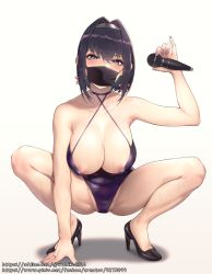 Rule 34 | 1girl, areola slip, armpits, ass, black footwear, black hair, blue eyes, blush, breasts, cleavage, covered erect nipples, covered navel, earrings, eyeliner, hairband, high heels, highres, holding, holding microphone, jewelry, kakuchou no ou, looking at viewer, makeup, mask, microphone, mouth mask, nail polish, one-piece swimsuit, original, purple nails, purple one-piece swimsuit, ring, short hair, solo, spread legs, squatting, sweat, swimsuit, wabiko1126