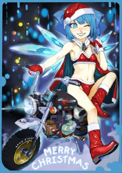 Rule 34 | 1girl, armpits, bikini, blue eyes, blue hair, blush, boots, bow, cape, christmas, cirno, freckles, grin, hair bow, hat, ice, ice wings, merry christmas, mittens, motor vehicle, motorcycle, navel, ninny-world, one eye closed, red mittens, runny nose, sack, santa costume, santa hat, smile, snot, swimsuit, touhou, vehicle, wings, wink
