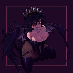 Rule 34 | 1girl, bat wings, black hair, blush, boots, breasts, cleavage, elbow gloves, filia (skullgirls), gloves, high heel boots, high heels, highres, large breasts, red eyes, samson (skullgirls), skullgirls, tail, thigh boots, thighhighs, wings