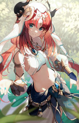 Rule 34 | 1girl, absurdres, armlet, blue eyes, blue gemstone, blue nails, blue skirt, blurry, blurry background, blurry foreground, blush, bracelet, breasts, brooch, closed mouth, clothing cutout, crop top, depth of field, forehead jewel, gem, genshin impact, hair ornament, harem outfit, highres, horns, jewelry, long hair, long sleeves, looking at viewer, low twintails, lumo 1121, medium breasts, nail polish, navel, neck ring, nilou (genshin impact), parted bangs, puffy long sleeves, puffy sleeves, red hair, sash, shirt, sidelocks, skirt, smile, solo, stomach, thighs, twintails, vambraces, veil, vision (genshin impact), white headdress, white shirt