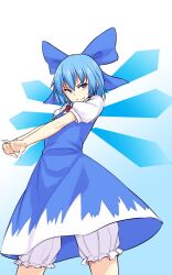 Rule 34 | 1girl, bloomers, blue background, blue bow, blue dress, blue eyes, blue hair, bow, cirno, closed mouth, commentary, dress, gradient background, hair bow, highres, kakone, looking at viewer, one-hour drawing challenge, outstretched arms, own hands together, short hair, short sleeves, smile, solo, touhou, underwear