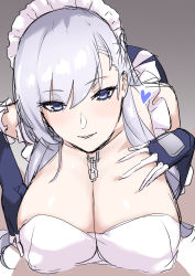 Rule 34 | 1girl, absurdres, azur lane, bare shoulders, belfast (azur lane), bent over, blue eyes, blush, breasts, bridal gauntlets, chain, choker, cleavage, cleavage cutout, clothing cutout, collarbone, hair between eyes, hand on breast, highres, large breasts, looking at viewer, maid, maid headdress, mogi yasunobu, solo, white hair