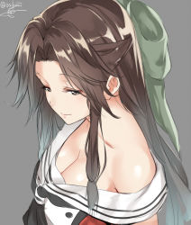 Rule 34 | 10s, 1girl, bare shoulders, blush, bow, breasts, brown eyes, brown hair, cleavage, closed mouth, collarbone, green bow, grey background, hair bow, half-closed eyes, half updo, isshiki (ffmania7), jintsuu (kancolle), kantai collection, long hair, looking to the side, medium breasts, neckerchief, off shoulder, parted bangs, sailor collar, shiny skin, shirt, shirt slip, sidelocks, simple background, sleeveless, sleeveless shirt, smile, solo, twitter username