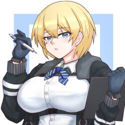 Rule 34 | 1girl, black gloves, black jacket, blonde hair, blue eyes, blue ribbon, breasts, buckle, clipboard, collared shirt, commentary, girls&#039; frontline, gloves, hair between eyes, hand up, highres, holding, holding clipboard, holding pen, jacket, large breasts, long sleeves, looking at viewer, mole, mole under eye, neck ribbon, open clothes, open jacket, parted lips, pen, ribbon, shirt, short hair, sidelocks, snap-fit buckle, solo, striped ribbon, tsuchinoko snake, upper body, vsk-94 (girls&#039; frontline), white shirt