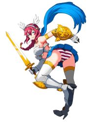 Rule 34 | 1girl, armor, armored boots, armored dress, armpits, blue eyes, blue scarf, blue skirt, boots, braid, d.c (kdh4016), full body, gloves, hairband, head wings, knee boots, long hair, looking at viewer, looking back, original, panties, red hair, scarf, skirt, smile, solo, striped clothes, striped panties, sword, thighhighs, thighhighs under boots, underwear, weapon, white background, white thighhighs, wings