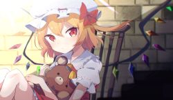 Rule 34 | 1girl, absurdres, blonde hair, blurry, blurry background, bow, brick wall, closed mouth, collared shirt, commentary request, crystal, damaged, depth of field, feet out of frame, flandre scarlet, frilled shirt collar, frilled skirt, frills, hair between eyes, hair bow, hat, highres, knees up, long hair, looking at viewer, mob cap, okota mikan, one side up, puffy short sleeves, puffy sleeves, red bow, red eyes, red skirt, red vest, shirt, short sleeves, skirt, skirt set, solo, stuffed animal, stuffed toy, teddy bear, touhou, vest, white hat, white shirt, wings