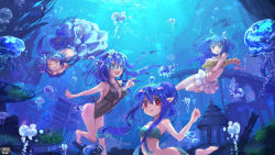Rule 34 | 1girl, 4girls, :d, air bubble, ashgray, barefoot, blue eyes, blue hair, breasts, brown eyes, bubble, cityscape, copyright name, eel, fish, flower, hair flower, hair ornament, highres, jellyfish, kerberos blade, long hair, medium breasts, multiple girls, ocean, official art, open mouth, pointy ears, red eyes, skirt, small breasts, smile, swimsuit, underwater, white skirt