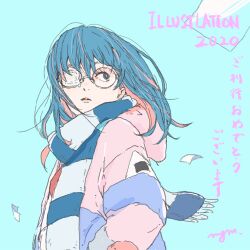 Rule 34 | 1girl, 2020, aqua background, blue eyes, blue hair, bright pupils, eyepatch, hood, hood down, illustration.media, long sleeves, mgm f5, pink hair, round eyewear, scarf, signature, simple background, solo, striped clothes, striped scarf, upper body, white pupils