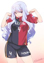 Rule 34 | 1girl, artist name, blush, clothes writing, hairband, highres, idolmaster, idolmaster (classic), inoue sora, j. league, kashima antlers, long hair, looking at viewer, nike (company), open mouth, purple eyes, shijou takane, short sleeves, shorts, signature, silver hair, simple background, smile, soccer, soccer uniform, solo, sportswear, twitter username