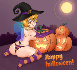 Rule 34 | 1girl, absurdres, antennae, arthropod girl, ass, bee girl, bee wings, black hat, blonde hair, blush, breasts, brown eyes, butt crack, city, cityscape, dakunart, elbow gloves, female focus, from behind, full moon, fur collar, gloves, halloween, happy halloween, hat, highres, hugging object, insect girl, insect wings, jack-o&#039;-lantern, kneeling, large breasts, licking lips, looking at viewer, looking back, mely, moon, night, orange thighhighs, panties, pumpkin, purple gloves, purple panties, short hair, sky, smile, solo, stinger, striped clothes, striped panties, striped thighhighs, thighhighs, tongue, tongue out, topless, underwear, wings, witch, witch hat