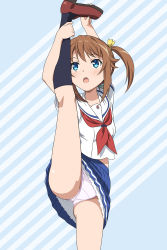 Rule 34 | 1girl, :o, arms up, black socks, blue eyes, blue skirt, blush, brown footwear, brown hair, commentary request, diagonal stripes, hair ribbon, high school fleet, highres, hiraizumi (mugenkidousha), kneehighs, leg up, loafers, misaki akeno, neckerchief, open mouth, panties, pink panties, pleated skirt, red neckerchief, ribbon, sailor collar, school uniform, serafuku, shirt, shoes, short sleeves, side ponytail, skirt, socks, solo, split, standing, standing on one leg, standing split, striped, striped background, teeth, underwear, upper teeth only, white sailor collar, white shirt, yellow ribbon