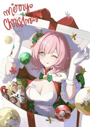 Rule 34 | 1girl, ;p, absurdres, blue eyes, box, breasts, cat, christmas ornaments, cleavage, elbow gloves, elysia (honkai impact), elysia (miss pink elf) (honkai impact), fur-trimmed gloves, fur trim, gift, gift box, gloves, hair ornament, highres, honkai (series), honkai impact 3rd, in box, in container, large breasts, long hair, looking at viewer, merry christmas, one eye closed, pink hair, pink pupils, pointy ears, simple background, solo, tongue, tongue out, tutou jiang, white background, white gloves