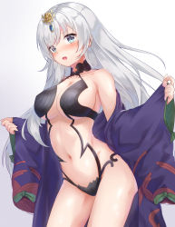 Rule 34 | 1girl, absurdres, anastasia (fate), bare shoulders, blue eyes, breasts, cleavage, collarbone, cosplay, cowboy shot, fate/grand order, fate (series), frown, hair ornament, highres, japanese clothes, large breasts, long hair, looking at viewer, navel, off shoulder, open mouth, ponta (velmar), revealing clothes, shuten douji (fate) (cosplay), shuten douji (fate), silver hair, solo, stomach, thighs, wide sleeves