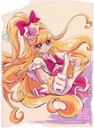 Rule 34 | 1girl, asahina mirai, blonde hair, bow, commentary request, cure miracle, dress, eyelashes, gloves, hair bow, hair ornament, hairband, happy, hat, high ponytail, high side ponytail, kamikita futago, long hair, looking at viewer, magical girl, mahou girls precure!, official art, one side up, pink dress, pointing, pointing at viewer, ponytail, precure, puffy short sleeves, puffy sleeves, purple eyes, short sleeves, side ponytail, simple background, smile, solo, watercolor background, white gloves